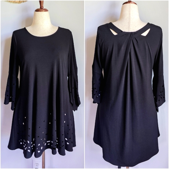 IC COLLECTION Connie K New Black Laser Cut Twist Pocket Jersey Top SZ Medium - Picture 1 of 10